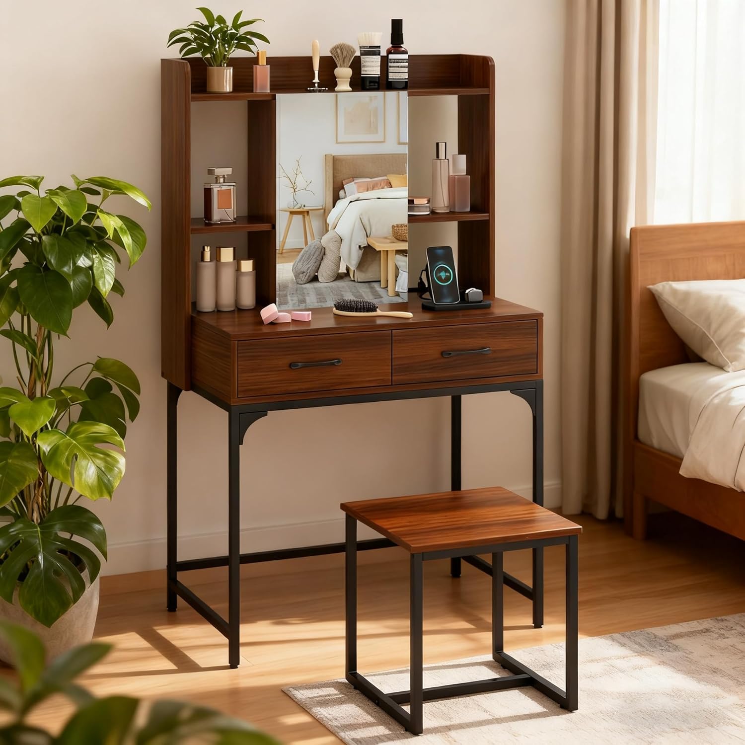 Cubicle Shelf Organizer - Vanity Desk with Mirror and Stool,