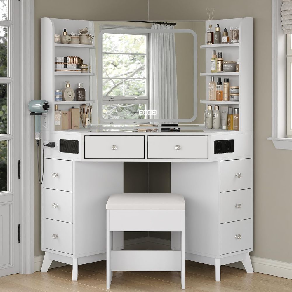 Cubicle Shelf Organizer - Corner Vanity Desk with Builin Speaker,