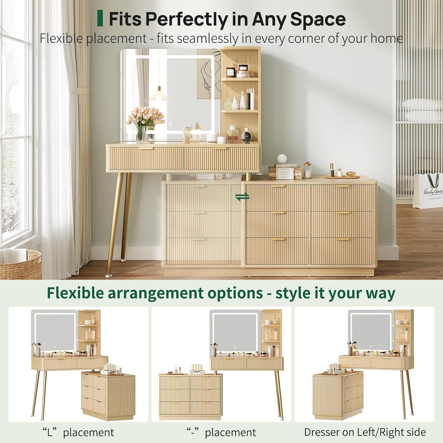 Fluted Vanity Desk Mirror LED  - Cubicle Shelf Organizer reseña y precio